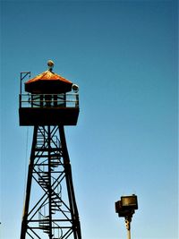 Low angle view of communications tower against sky