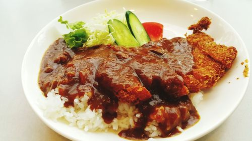 High angle view of food in plate