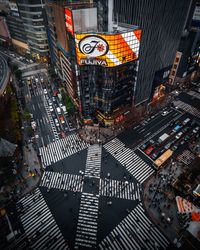 High angle view of illuminated city street