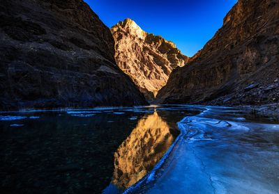 Scenic view of lake and mountains against blue sky