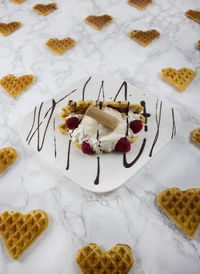 High angle view of sweet food in plate on table