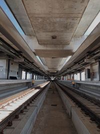 Empty railroad tracks in building