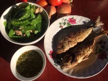 High angle view of food in plate on table