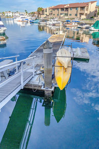 High angle view of boats moored in lake