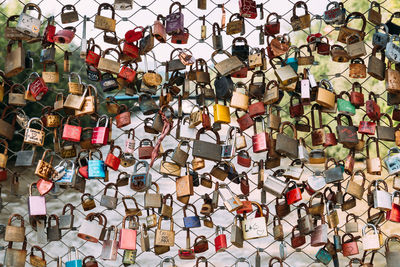 Full frame shot of padlocks hanging on railing