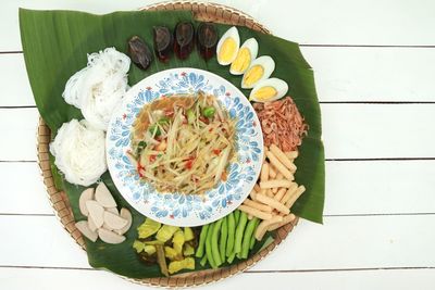 High angle view of food served on table