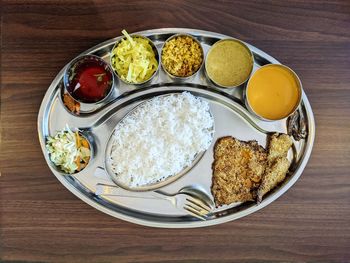 High angle view of breakfast served on table