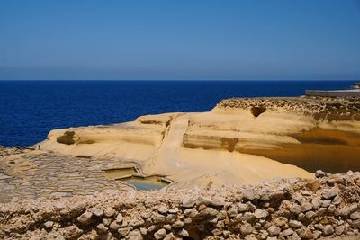 Scenic view of sea against clear blue sky