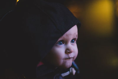 Close-up of cute baby boy wearing warm clothing