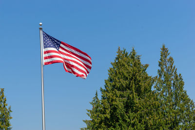 Low angle view of flag against blue sky