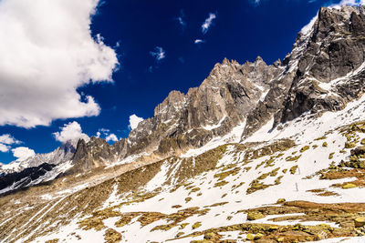 Low angle view of snowcapped mountain against sky