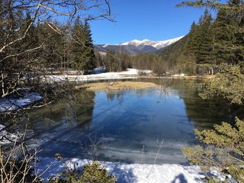 Scenic view of lake by snowcapped mountains against sky