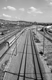 High angle view of railroad tracks against sky