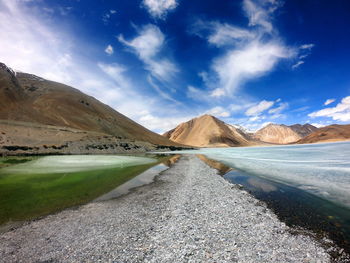 Scenic view of lake by mountains against sky