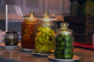 Close-up of drink in glass jar on table