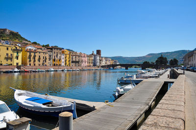 Panoramic view of buildings in city against clear blue sky