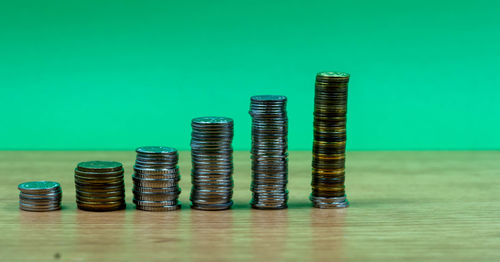 Close-up of coins on table