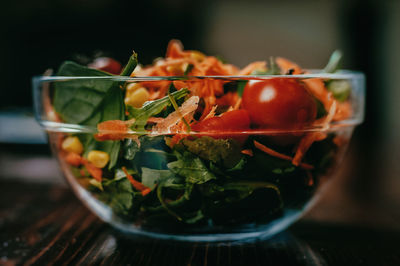 Close-up of salad in bowl on table