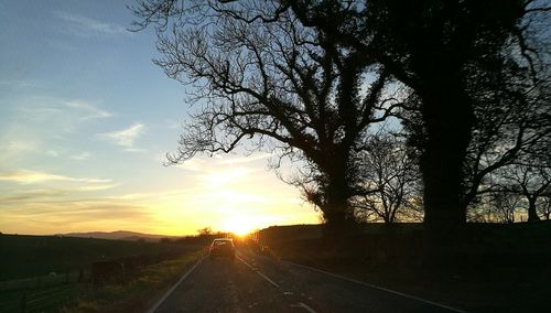 Silhouette tree by road against sky during sunset