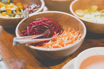 High angle view of noodles in bowl on table