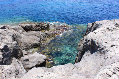 High angle view of rocks by sea