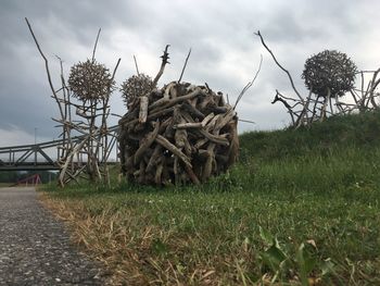 Built structure on field against sky