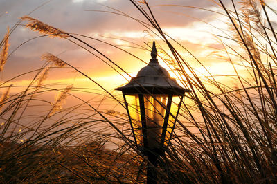 Lamp post on field against sky during sunset