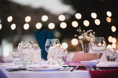 Wine glasses on table in restaurant