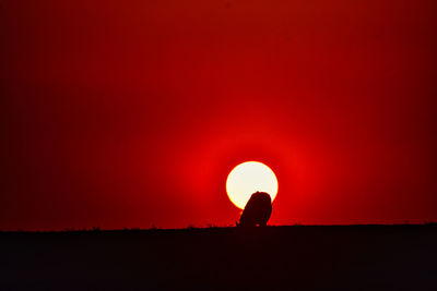 Silhouette people on red land against orange sky