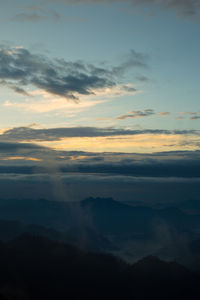 Scenic view of silhouette mountains against sky at sunset