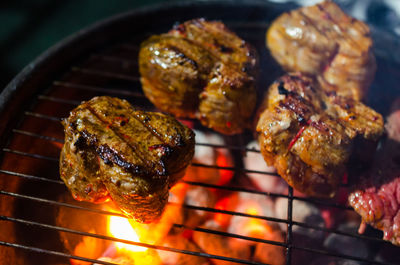 Close-up of meat on barbecue grill