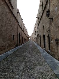 Surface level of road amidst buildings against clear sky