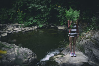 Woman holding fern while standing on rock by pond in forest