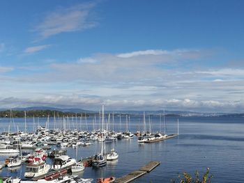 Boats moored in sea against sky