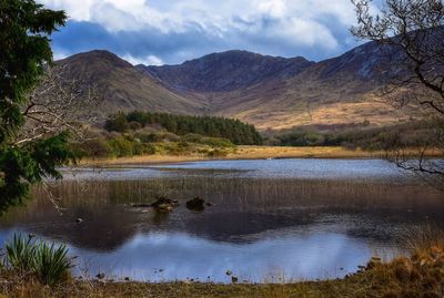 Scenic view of lake against cloudy sky