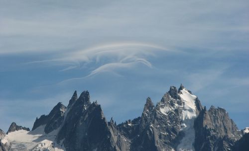 Low angle view of snowcapped mountains against sky