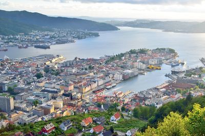 High angle view of cityscape by sea