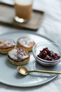 Close-up of breakfast served on table