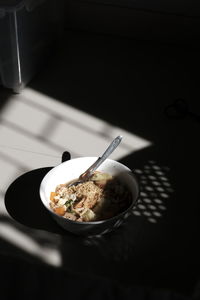 High angle view of breakfast served on table