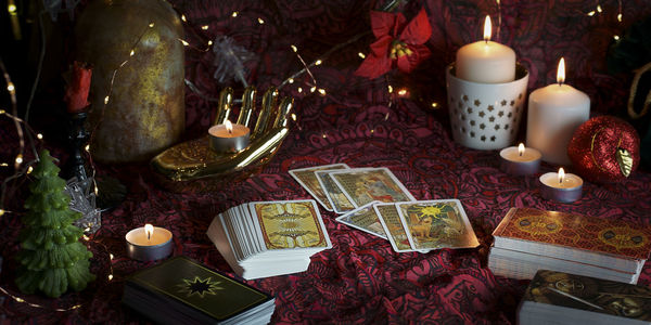High angle view of christmas decorations on table