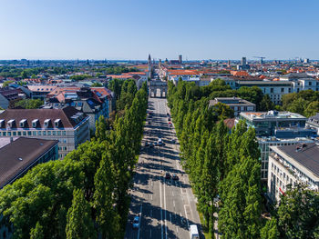 High angle view of buildings in city against clear sky