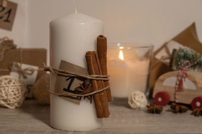 Close-up of christmas decorations on table