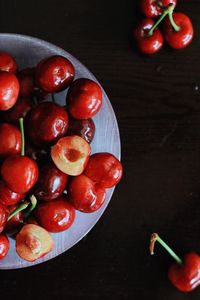 High angle view of cherries in bowl on table