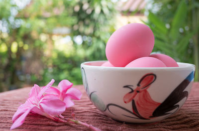 Close-up of pink flower on table