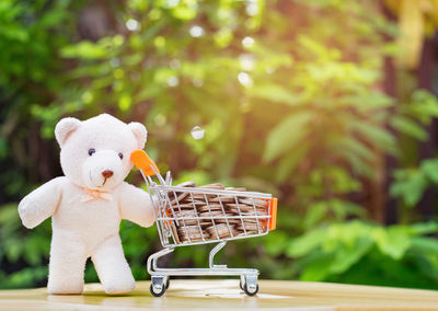 Close-up of teddy bear with figurine shopping cart on table