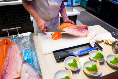 High angle view of fish on table