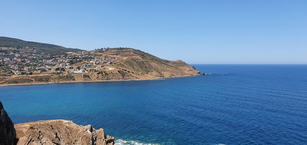 Scenic view of sea against clear blue sky