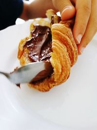 Close-up of hand holding ice cream in plate