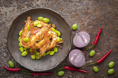 High angle view of fruits and vegetables on plate