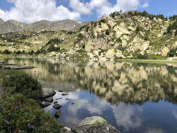 Scenic view of lake and mountains against sky